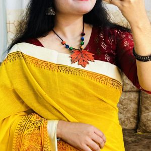 হলুদ ব্লকপ্রিন্ট শাড়ি প্রিমিয়াম পিওর সুতি ১৪ হাতের শাড়ি ()